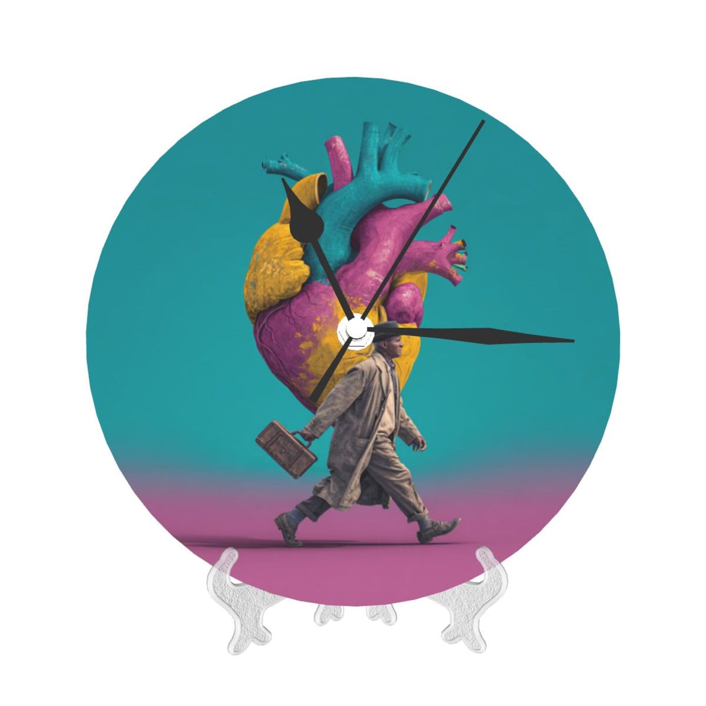 25cm Artistic Wall Clock – Vibrant Heart & Walking Man Design | Silent Round Creative Timepiece