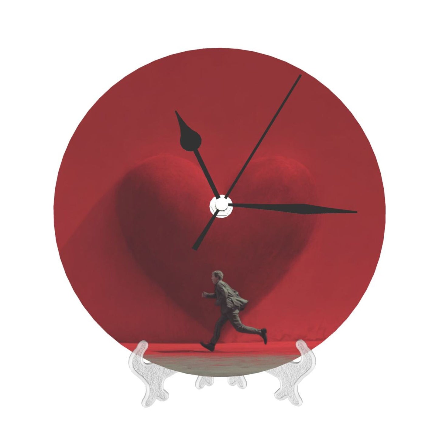 25cm Red Heart Artistic Wall Clock – Running Man Design | Silent Modern Round Timepiece
