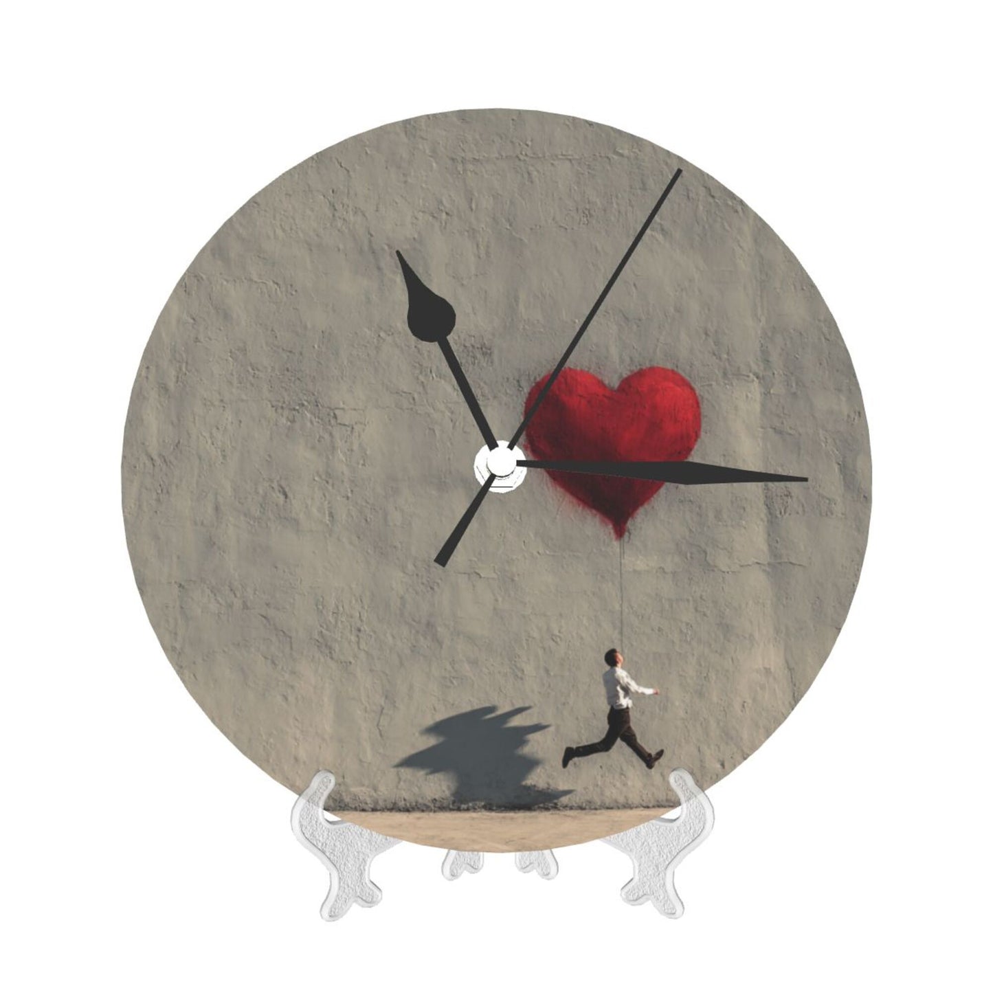 25cm Gray Wall Clock with Heart Balloon and Running Man | Modern Graffiti Art Silent Timepiece