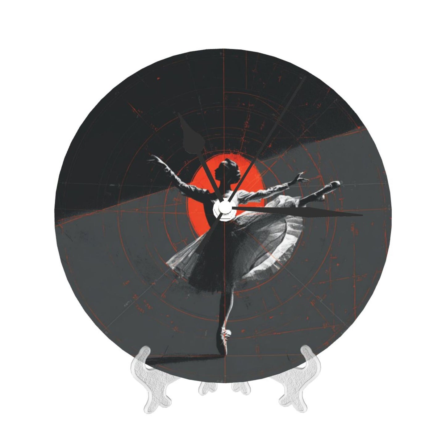 25cm Ballet-In-Time Art Clock|Geometric Modern Dancer Design|Silent Wall Clock with Red Accent