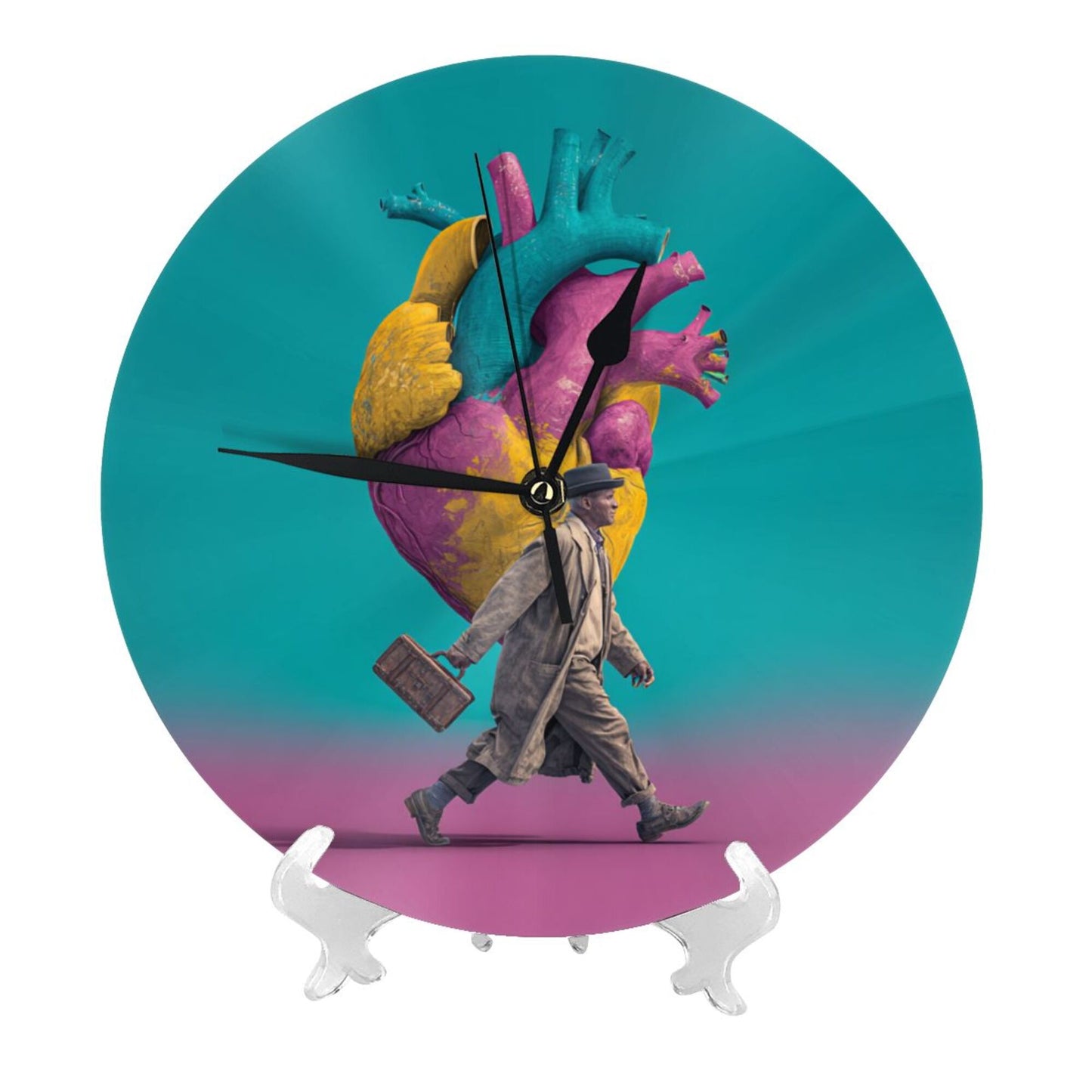 25cm Artistic Wall Clock – Vibrant Heart & Walking Man Design | Silent Round Creative Timepiece