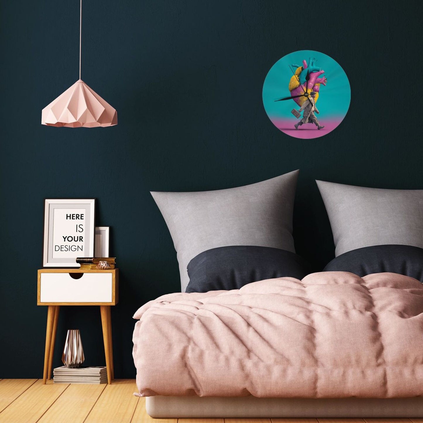 25cm Artistic Wall Clock – Vibrant Heart & Walking Man Design | Silent Round Creative Timepiece