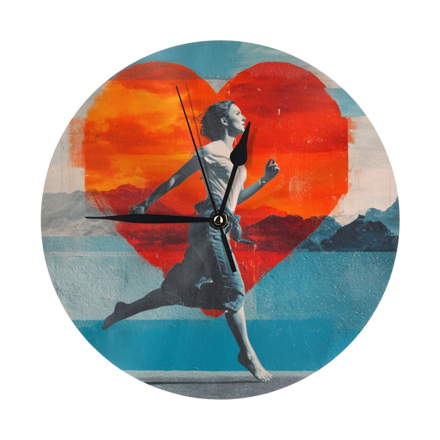 25cm Modern Wall Clock – Running Girl with Heart Backdrop | Creative Silent Round Timepiece