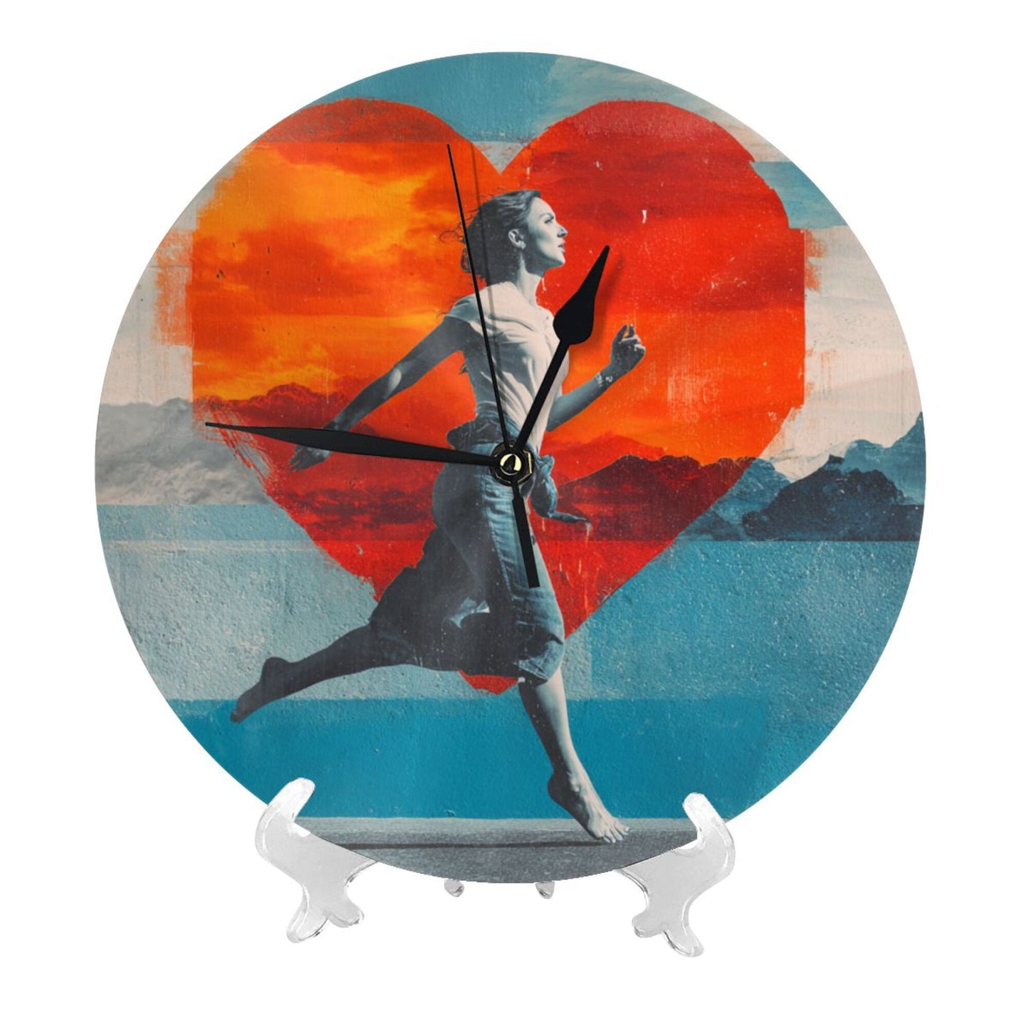 25cm Modern Wall Clock – Running Girl with Heart Backdrop | Creative Silent Round Timepiece