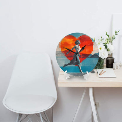 25cm Modern Wall Clock – Running Girl with Heart Backdrop | Creative Silent Round Timepiece