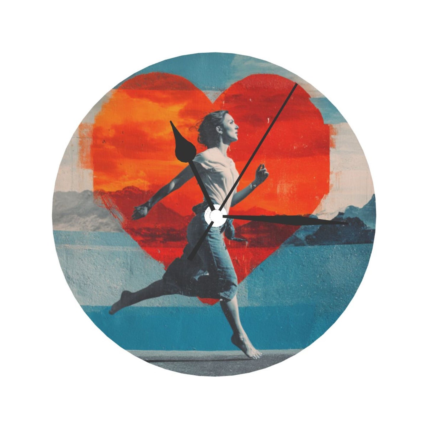 25cm Modern Wall Clock – Running Girl with Heart Backdrop | Creative Silent Round Timepiece