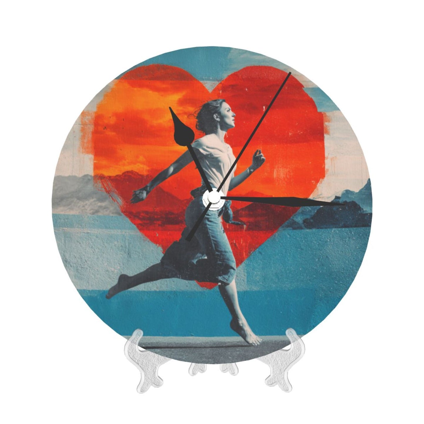 25cm Modern Wall Clock – Running Girl with Heart Backdrop | Creative Silent Round Timepiece