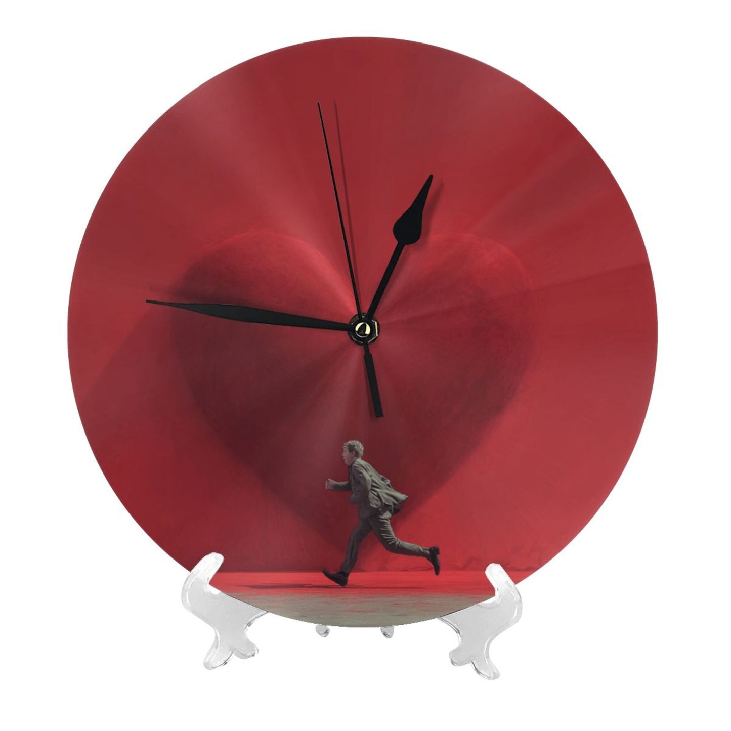 25cm Red Heart Artistic Wall Clock – Running Man Design | Silent Modern Round Timepiece