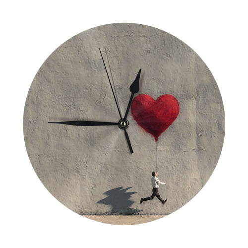 25cm Gray Wall Clock with Heart Balloon and Running Man | Modern Graffiti Art Silent Timepiece