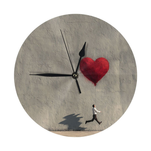 25cm Gray Wall Clock with Heart Balloon and Running Man | Modern Graffiti Art Silent Timepiece
