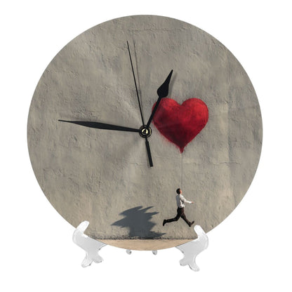 25cm Gray Wall Clock with Heart Balloon and Running Man | Modern Graffiti Art Silent Timepiece