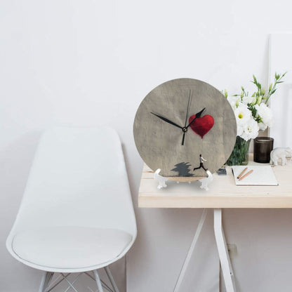 25cm Gray Wall Clock with Heart Balloon and Running Man | Modern Graffiti Art Silent Timepiece