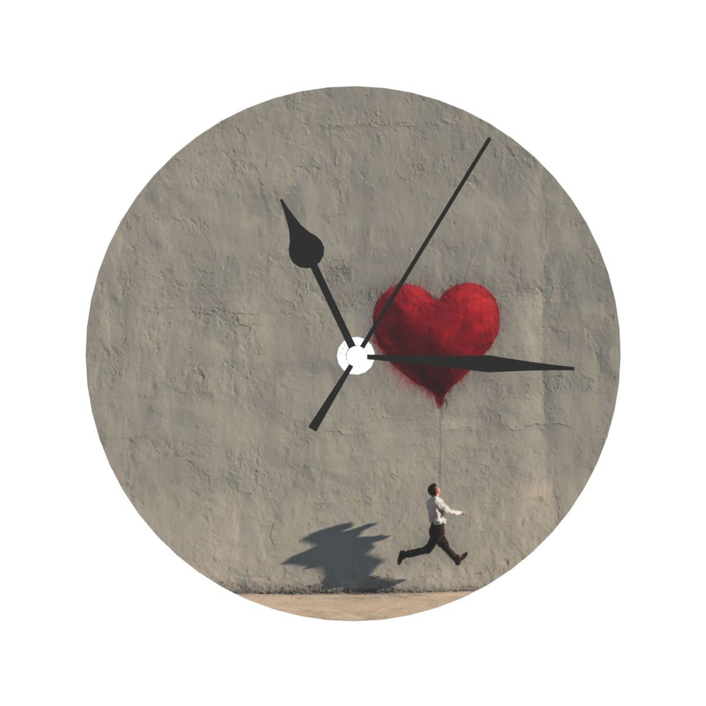 25cm Gray Wall Clock with Heart Balloon and Running Man | Modern Graffiti Art Silent Timepiece