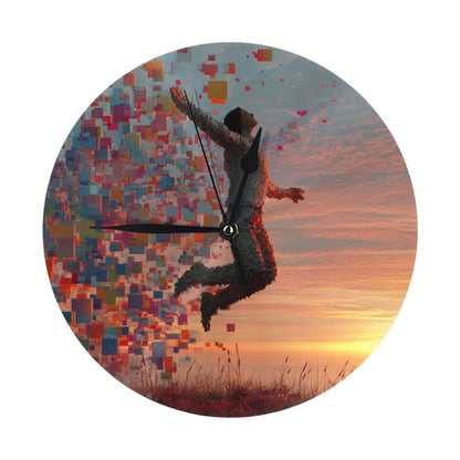 25cm Jumping Pixel Art Clock | Digital Human in Sunset Scene | Modern Silent Wall Timepiece