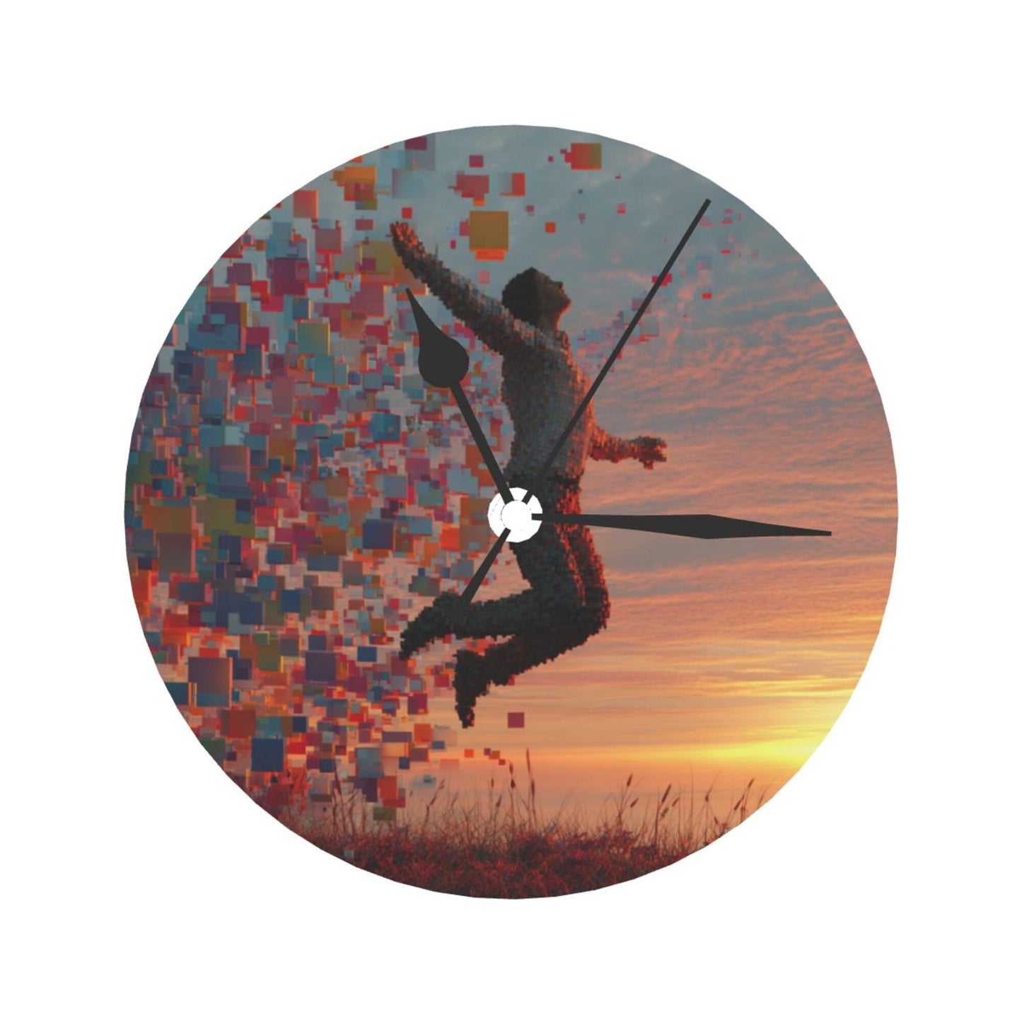25cm Jumping Pixel Art Clock | Digital Human in Sunset Scene | Modern Silent Wall Timepiece
