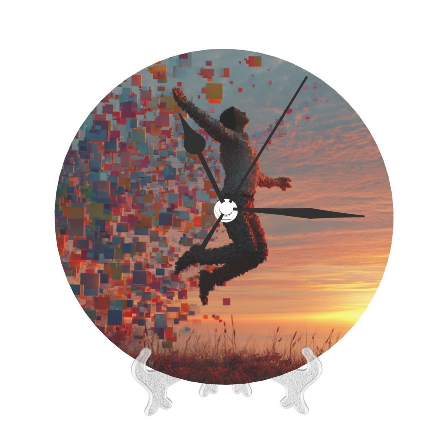 25cm Jumping Pixel Art Clock | Digital Human in Sunset Scene | Modern Silent Wall Timepiece