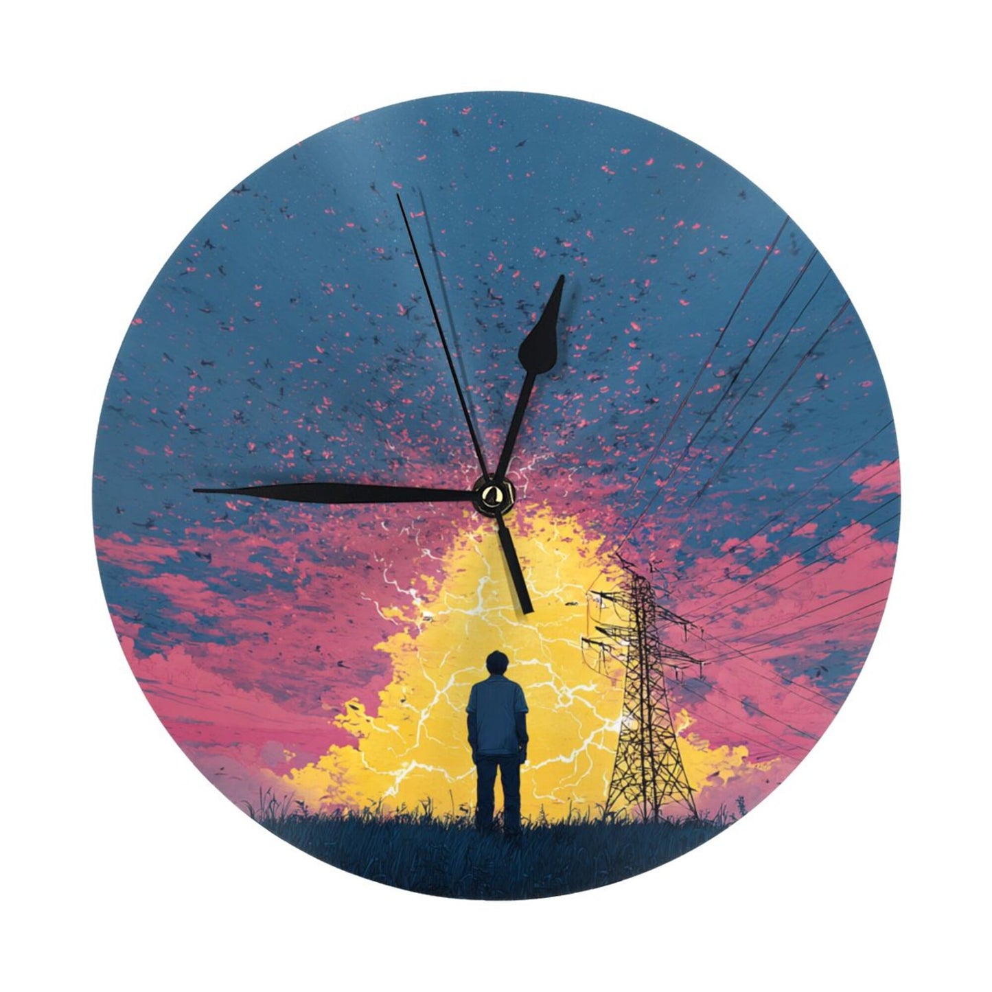 25cm Silent Wall Clock｜Electric Field & Thinking Figure｜Modern Abstract Illustration