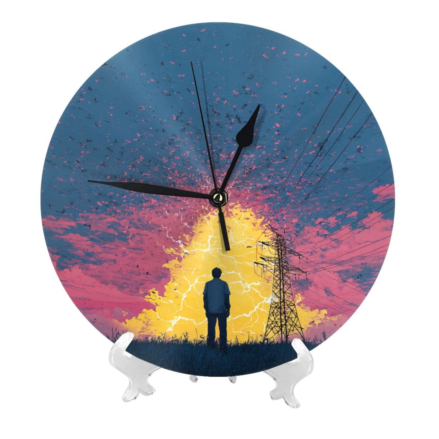 25cm Silent Wall Clock｜Electric Field & Thinking Figure｜Modern Abstract Illustration