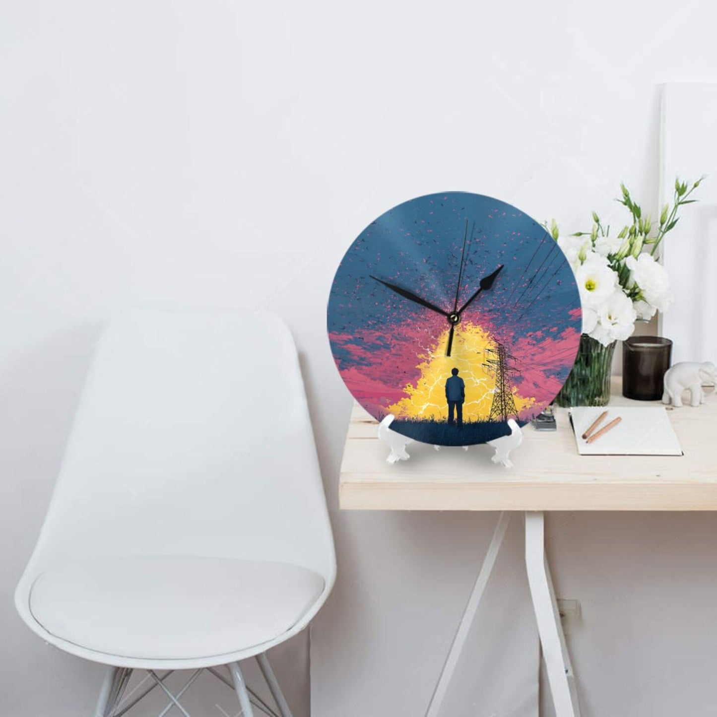 25cm Silent Wall Clock｜Electric Field & Thinking Figure｜Modern Abstract Illustration