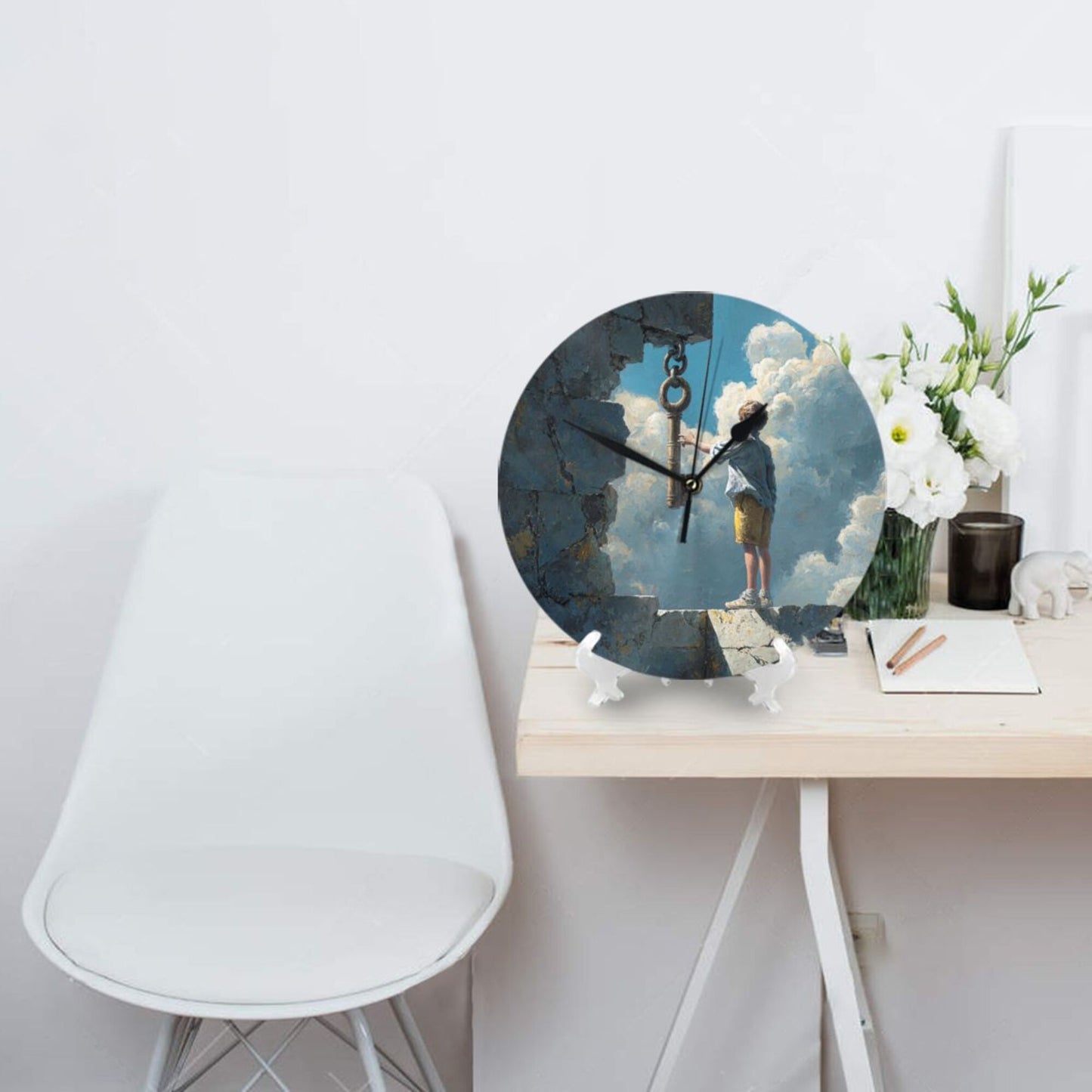 25cm Silent Wall Clock｜Boy and the Key in the Sky｜Surreal Fantasy Illustration