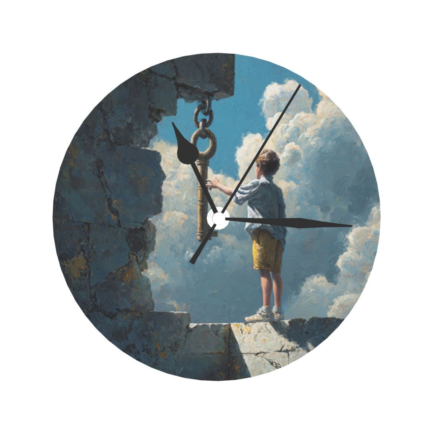 25cm Silent Wall Clock｜Boy and the Key in the Sky｜Surreal Fantasy Illustration